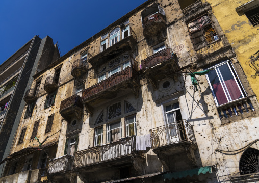 Old heritage building with bullets holes in the city, Beirut Governorate, Beirut, Lebanon