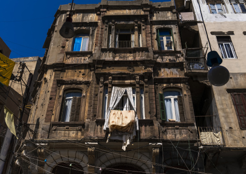 Old heritage building with bullet holes in the city, Beirut Governorate, Beirut, Lebanon