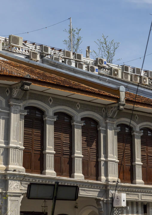 Heritage house with air conditioners in the Unesco World Heritage old town, Penang island, George Town, Malaysia