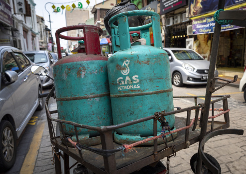 Petronas gas bottles in the street, Penang island, George Town, Malaysia