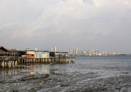 Chew Jetty wooden houses at low tide, Penang island, George Town, Malaysia