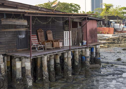 Chew Jetty wooden houses at low tide, Penang island, George Town, Malaysia