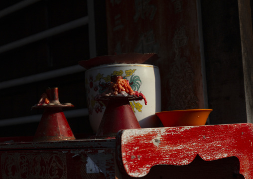 Burned candles on a buddhist altar, Penang island, George Town, Malaysia