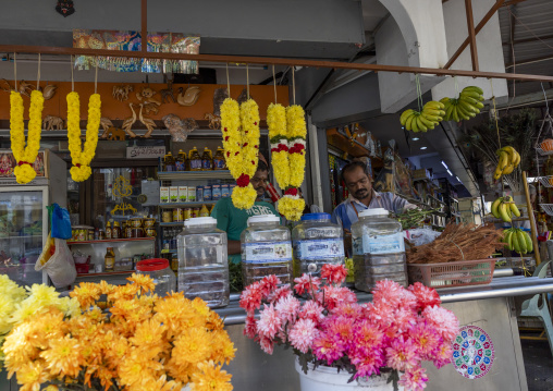 Hindu store selling flower garlands in Little India, Penang island, George Town, Malaysia