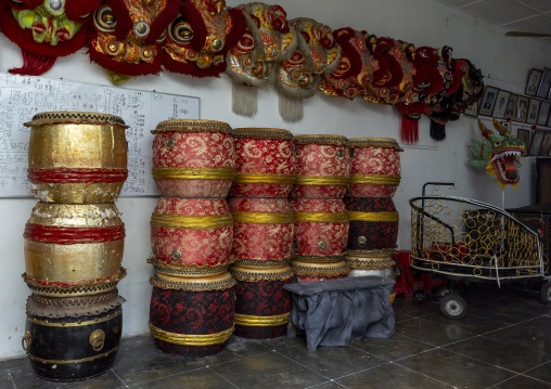 Traditional lion masks nan drums in Loo Pun Hong temple, Penang island, George Town, Malaysia