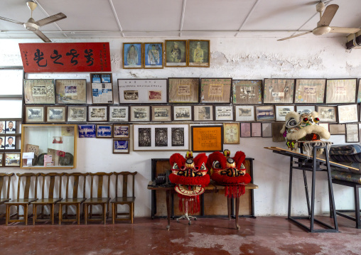 Traditional lion masks in Loo Pun Hong temple, Penang island, George Town, Malaysia