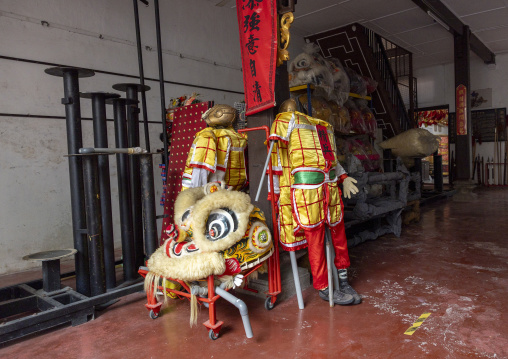 Traditional lion masks in Loo Pun Hong temple, Penang island, George Town, Malaysia