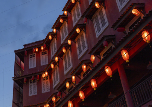 Red heritage house with chinese lanterns, Melaka State, Malacca, Malaysia