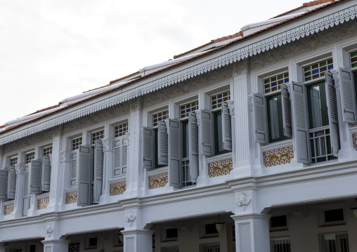 Heritage shophouses windows, Central Region, Singapore, Singapore