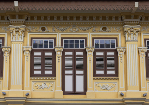 Heritage shophouses windows, Central Region, Singapore, Singapore