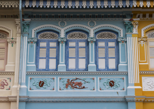 Colorful heritage shophouses windows, Central Region, Singapore, Singapore