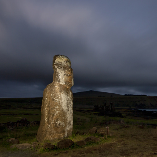 Monolithic moai statue at night at ahu tongariki, Easter Island, Hanga Roa, Chile