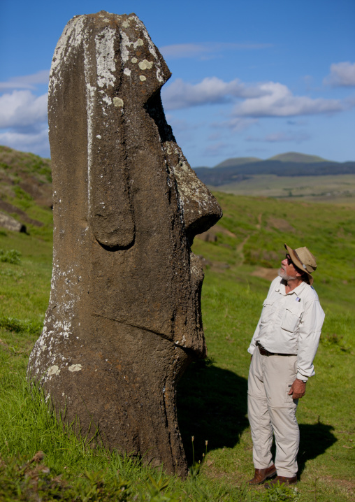 Edmundo edwards in front of a moai in rano raraku, Easter Island, Hanga Roa, Chile