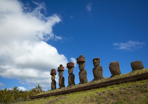 Moais in ahu nau nau at anakena beach, Easter Island, Hanga Roa, Chile