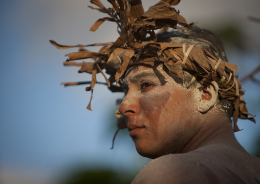 Man with traditional make up during tapati festival, Easter Island, Hanga Roa, Chile