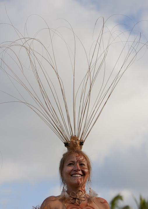 Beautiful woman during carnival parade during Tapati festival, Easter Island, Hanga Roa, Chile