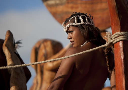 Beautiful woman during carnival parade during Tapati festival, Easter Island, Hanga Roa, Chile