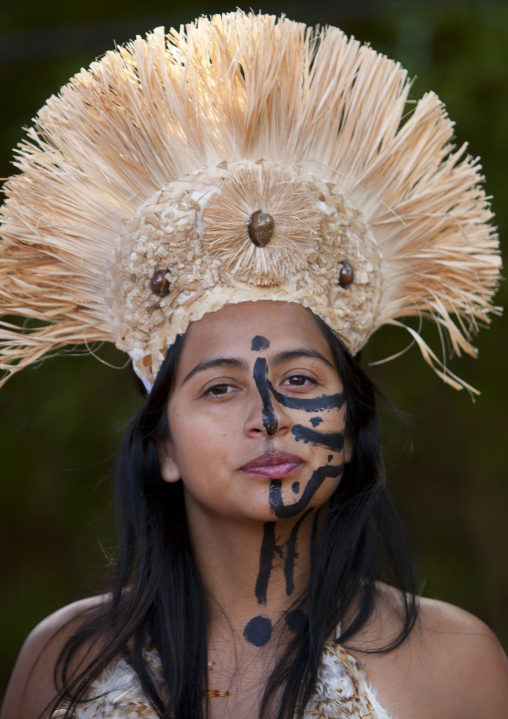 Beautiful woman during carnival parade during Tapati festival, Easter Island, Hanga Roa, Chile