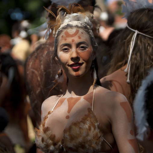 Beautiful woman during carnival parade during Tapati festival, Easter Island, Hanga Roa, Chile