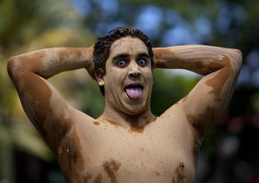 Man in carnival parade during tapati festival, Easter Island, Hanga Roa, Chile