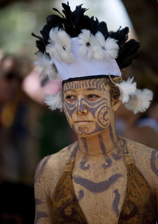 Beautiful woman during carnival parade during Tapati festival, Easter Island, Hanga Roa, Chile