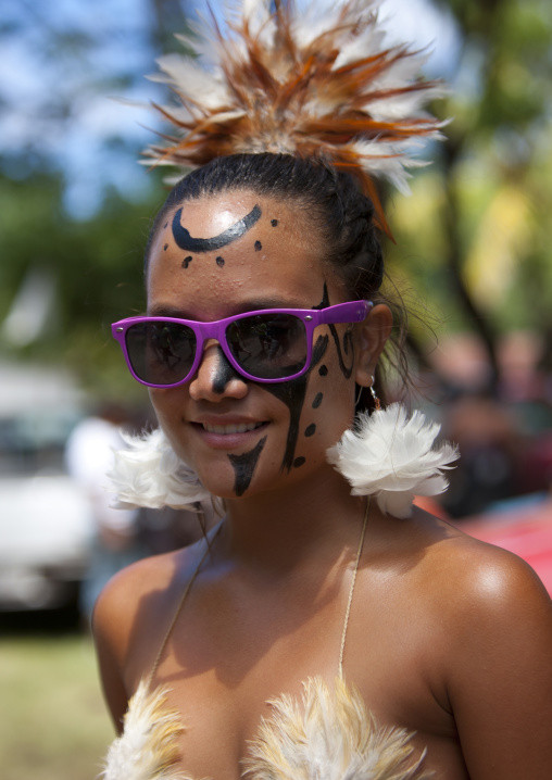 Beautiful woman during carnival parade during Tapati festival, Easter Island, Hanga Roa, Chile