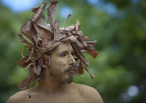 Man in carnival parade during tapati festival, Easter Island, Hanga Roa, Chile