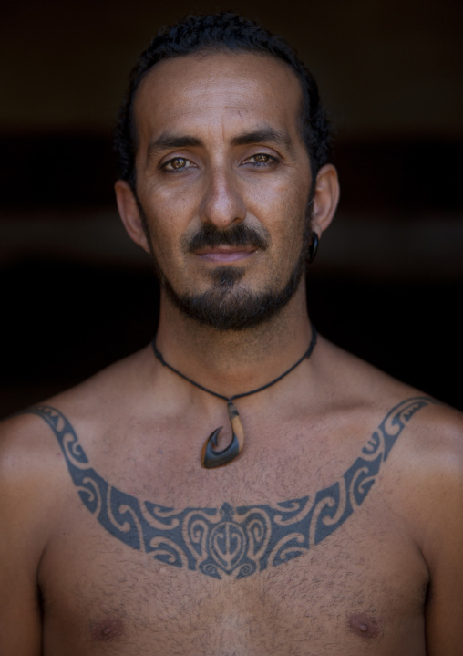 Mokomae with a shark jaw tattoo, Easter Island, Hanga Roa, Chile