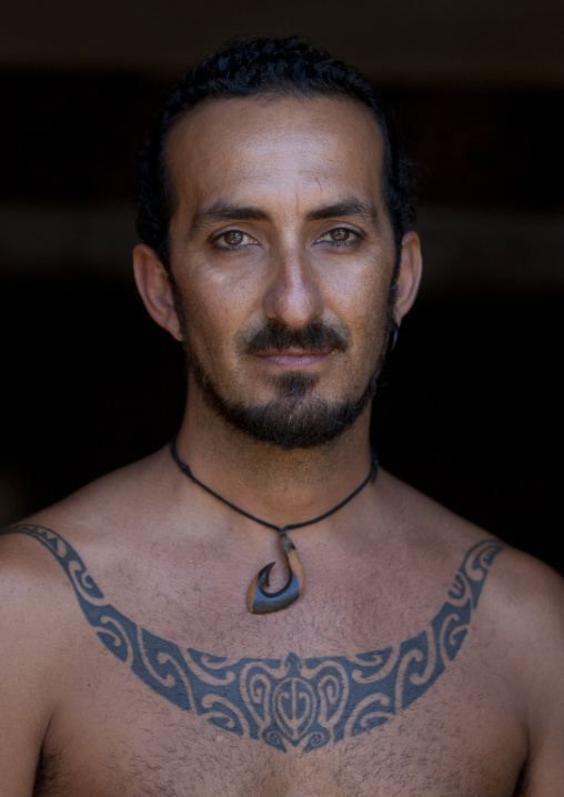 Mokomae with a shark jaw tattoo, Easter Island, Hanga Roa, Chile