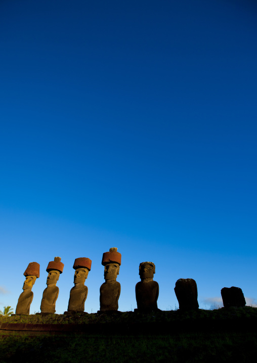 Moais in ahu nau nau at anakena beach, Easter Island, Hanga Roa, Chile