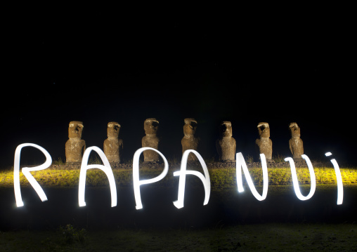 Illuminated moais, Easter Island, Ahu Akivi, Chile