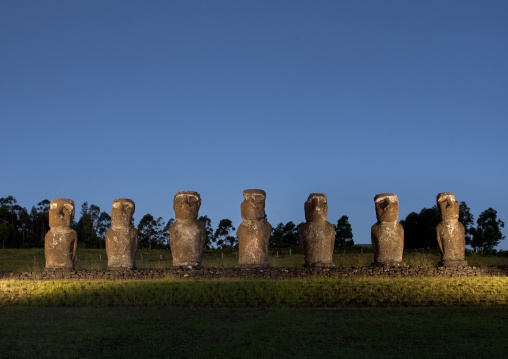 Illuminated moais, Easter Island, Ahu Akivi, Chile