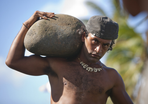 Stone competition at anakena beach during tapati festival, Easter Island, Hanga Roa, Chile