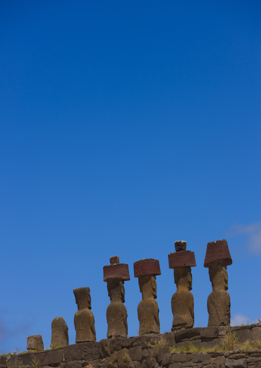 Moais in ahu nau nau at anakena beach, Easter Island, Hanga Roa, Chile