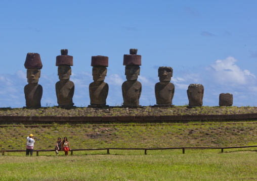 Moais in ahu nau nau at anakena beach, Easter Island, Hanga Roa, Chile