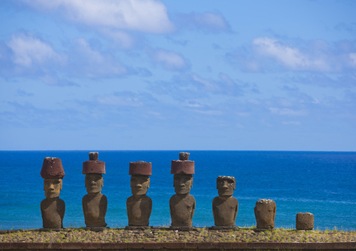 Moais in ahu nau nau at anakena beach, Easter Island, Hanga Roa, Chile