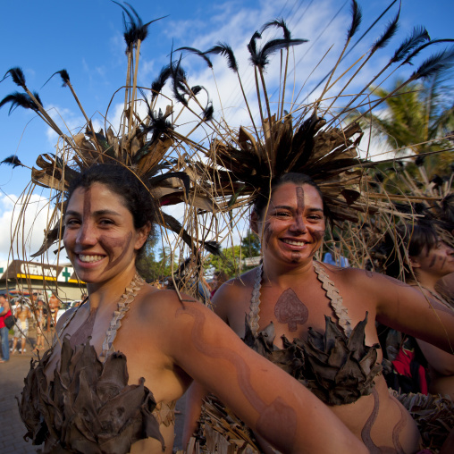 Beautiful women during carnival parade during Tapati festival, Easter Island, Hanga Roa, Chile