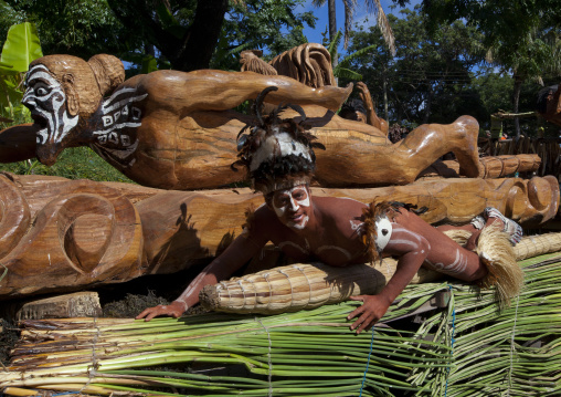 Canoe float during carnival parade for Tapati festival, Easter Island, Hanga Roa, Chile