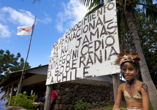 Smiling kid during tapati festival, Easter Island, Hanga Roa, Chile