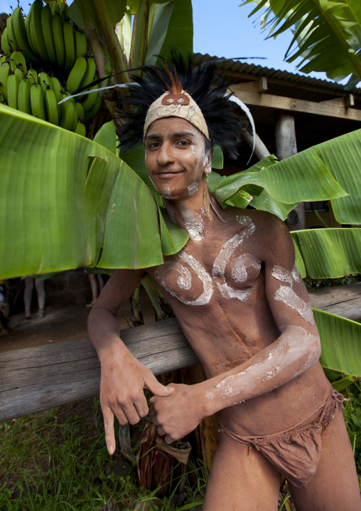 Man in carnival parade during tapati festival, Easter Island, Hanga Roa, Chile