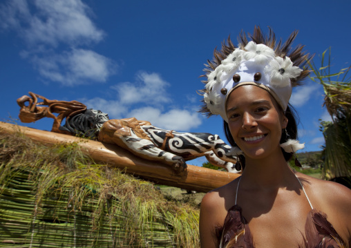 Beautiful woman during carnival parade during Tapati festival, Easter Island, Hanga Roa, Chile