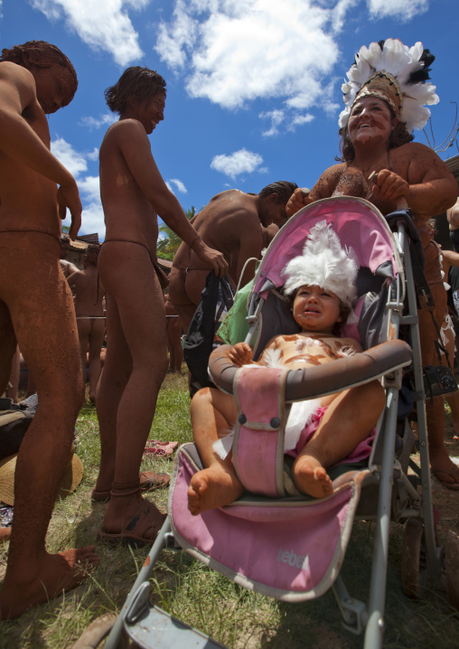 Mother and baby during tapati festival, Easter Island, Hanga Roa, Chile