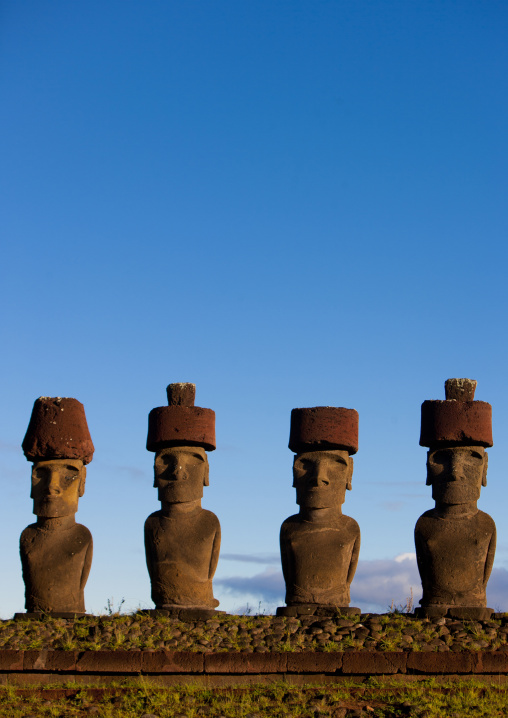 Moais in ahu nau nau at anakena beach, Easter Island, Hanga Roa, Chile