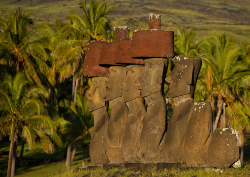 Moais in ahu nau nau at anakena beach, Easter Island, Hanga Roa, Chile