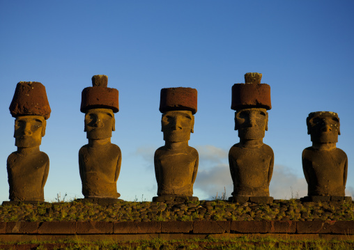 Moais in ahu nau nau at anakena beach, Easter Island, Hanga Roa, Chile