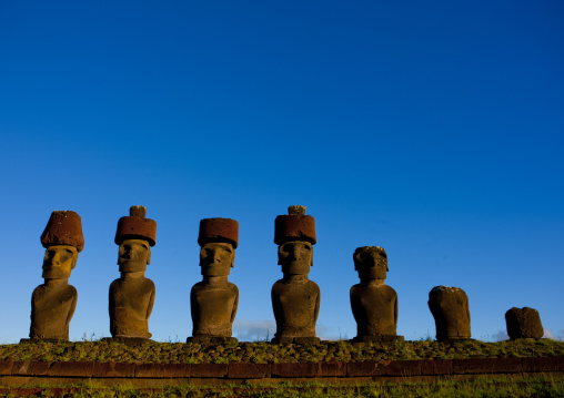 Moais in ahu nau nau at anakena beach, Easter Island, Hanga Roa, Chile