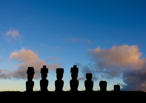 Moais in ahu nau nau at anakena beach, Easter Island, Hanga Roa, Chile