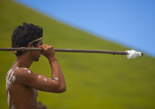 Spear competition during tapati festival, Easter Island, Hanga Roa, Chile