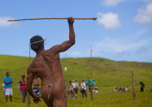 Spear competition during tapati festival, Easter Island, Hanga Roa, Chile