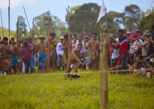 Spear competition during tapati festival, Easter Island, Hanga Roa, Chile